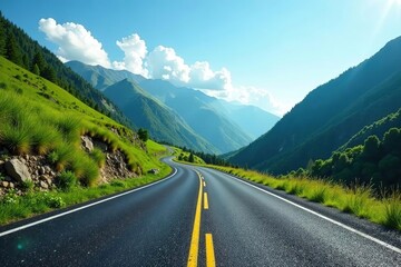 Fototapeta premium Empty asphalt road winding through lush green mountains under a clear blue sky, mountains, nature