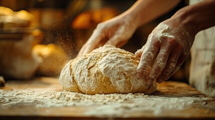 Hands Kneading Freshly Made Dough Covered With Flour