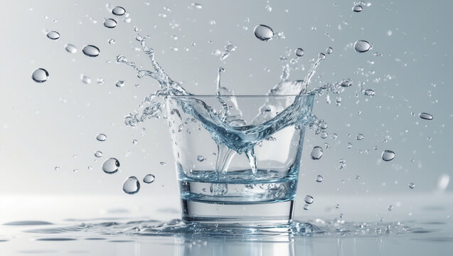 The refreshing rush of pure water splashing into a glass, a crystal-clear moment of pure hydration with dynamic droplet action against a soft grey background. - Powered by Adobe