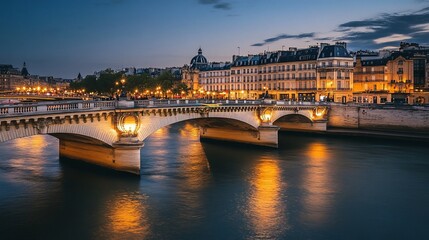 Fototapeta premium Illuminated Pont Neuf Bridge Over the Seine River in Paris at Dusk