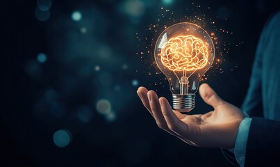 Businessman Holding a Glowing Light Bulb with Brain Icon – A Symbol of Innovation, Creativity, and Futuristic Digital Marketing Strategy