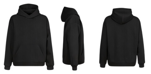This image showcases a plain black hoodie, viewed from multiple angles for clothing design purposes.