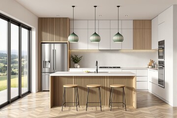 Stylish modern kitchen interior with wooden and white cabinetry, a large island, pendant lighting, and natural light from floor-to-ceiling windows. Ai generative