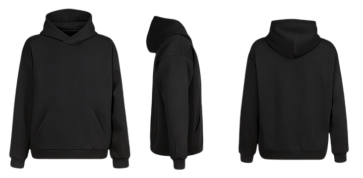 This image showcases a plain black hoodie, viewed from multiple angles for clothing design purposes.