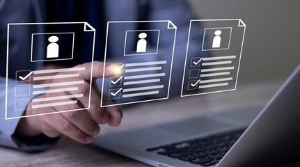 Human resource management concept. Businesswoman selects best employees from online job applicants to work efficiently and achieve sustainable business success. HR document review approval.