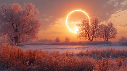 Obraz premium A beautiful landscape with frost covered trees and glowing sun