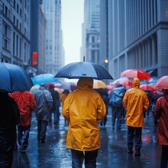A person in a yellow raincoat stands out among a crowd holding umbrellas in a city street.
