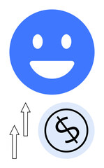 Fototapeta premium Blue smiling face above upward arrows and a dollar sign in a circle. Ideal for financial success, positivity, motivation, business growth, investment, progress, flat simple metaphor