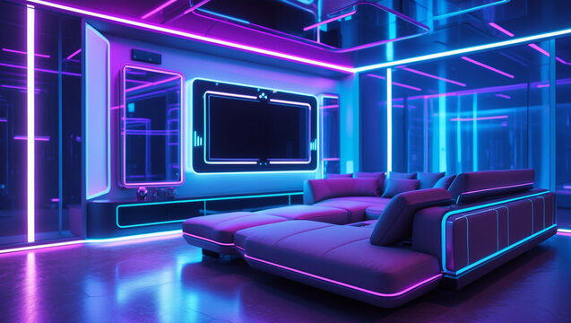 Immersive Neon Dreamscape: A futuristic lounge bathed in vibrant purple and blue LED lighting, featuring a sleek modular sofa and a large screen, creating a captivating and otherworldly atmosphere. - Powered by Adobe