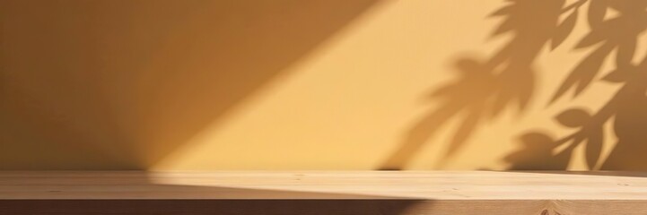 Empty table on brown background with natural shadows on the wall Mock up for branding products, presentation, food and health care,  natural shadows,  table