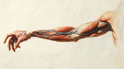Detailed anatomical illustration of a human arm, showcasing muscles and veins
