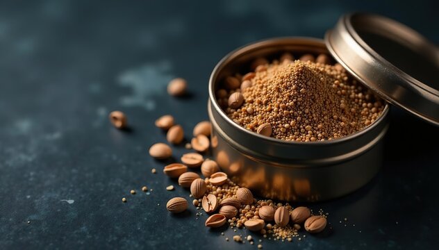 Dark marble background with a metallic spice tin filled with aromatic cumin seeds,  cumin seeds,  spices