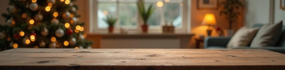 Empty wood table with warm living room decor, christmas tree blur background, bokeh light,Holiday backdrop,Mock up banner, luxury house,  abstract decor, wood table