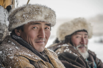 Portrait of native Mongolian tribal villager with traditional costume, Selective focus Mongolian ethnic in cold and snow land with unique accessories, Genkiskhan with red brushing cheek in winter.