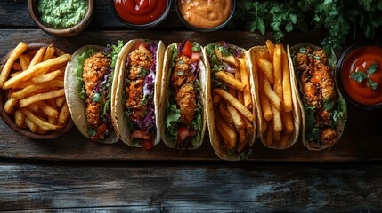 Crispy tacos with fries and sauces
