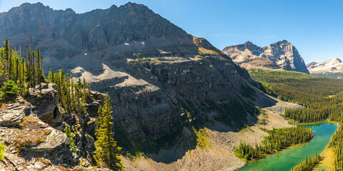 Staggering mountain scenes at Lake O'Hara during summer time with incredible turquoise lakes in scenic alpine aqua lake scene in the Canadian Rockies of Canada, Alberta, British Columbia. 
