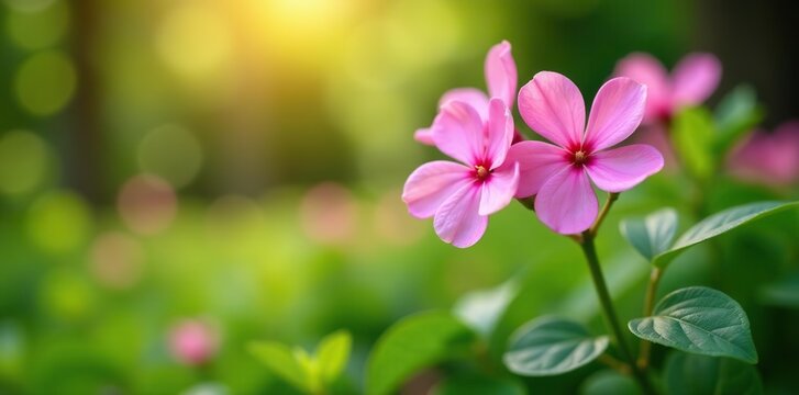 Delicate pink periwinkle flowers blooming in morning light in serene garden surrounded by lush greenery,  light,  garden