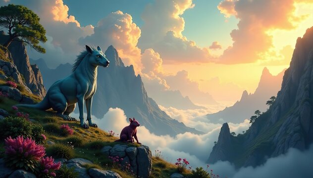Fantastical dreamscape with surreal creatures and landscapes,  mysterious,  surrealism