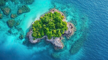 A small island in turquoise waters surrounded by greenery