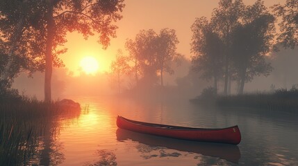 A calm sunrise over a lake with a red canoe present