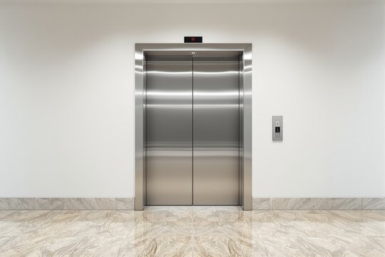 Closed stainless steel elevator doors in a modern interior with white walls and marble flooring. Minimalist architecture concept. Ai generative