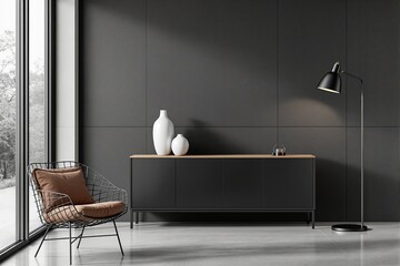 Stylish modern interior withsideboard, wireframe chair, floor lamp, and white vases against a dark wall, near a large window. Ai generative