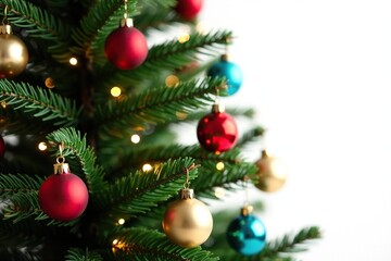 Fototapeta premium Festive Christmas tree adorned with colorful ornaments and twinkling lights isolated on white background, traditional, ornaments