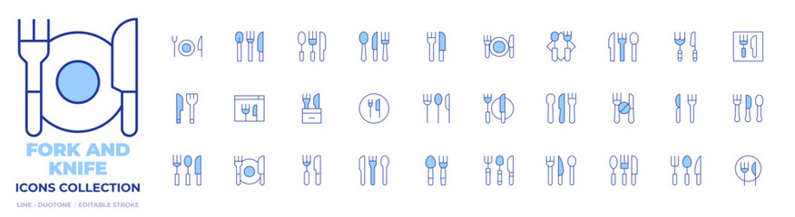 Fork and knife icons collection. Line Duotone style, editable stroke. dinner, eat, cutlery, restaurant, online, appetite, food, spoon, food and restaurant, fork