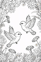 Obraz premium Delicate flying lover birds surrounded by flowers in a beautiful garden line art illustration for coloring animal in garden Illustration