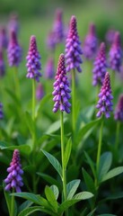 Obraz premium Field of purple flowers blooming among potato plants with vibrant green stems, potato plants, landscape