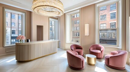 Modern, elegant reception area with a warm aesthetic.  Large windows offer city views, highlighting the location's sophistication.  A curved, light-colored reception desk contrasts