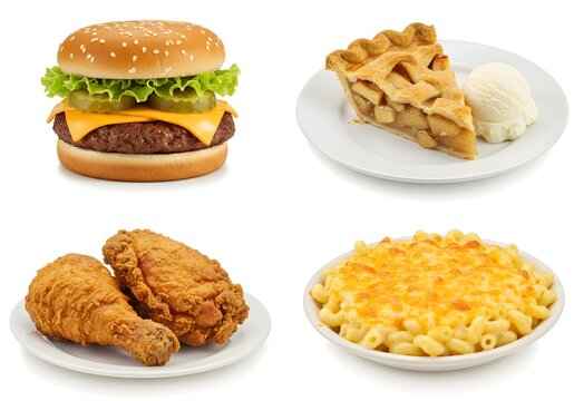 American dishes of burger, Chicken wings, cheesy macaroni with desserts