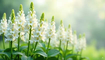 Fototapeta premium Flowering spikes of white snapdragon flowers in full bloom, garden, white