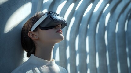Woman Experiencing Virtual Reality in Futuristic Setting