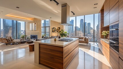 A modern kitchen with a neutral color palette, wooden details adding warmth, and a breathtaking urban skyline view providing a touch of sophistication.  