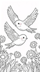 Obraz premium Elegant lover birds flying around colorful flowers in a peaceful garden full of life line art for coloring animal in garden Illustration