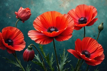 Fototapeta premium Vibrant red poppy blossom, thick paint impasto, botanical illustration, floral art, petals