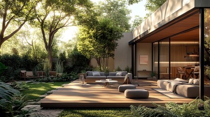 Fototapeta premium A modern wooden deck with chic patio furniture, positioned in a lush backyard, blending comfort with natural beauty for an ideal outdoor escape. 