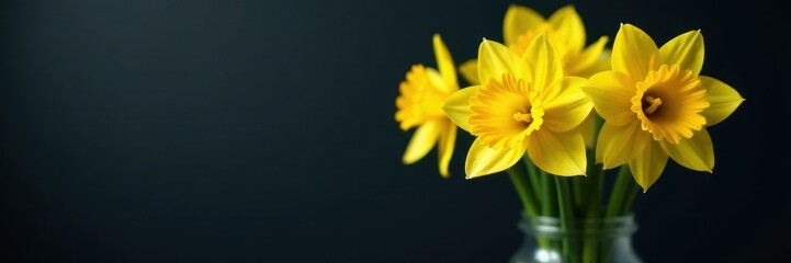 Fototapeta premium Vibrant yellow daffodils, clustered in a glass vase, dark backdrop , plant, dark background, nature photography