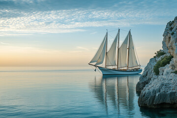 Fototapeta premium Sailboat on the ocean with sunset view, Peaceful sea with private boat, Sailing ship in summer.