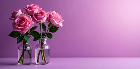 Elegant roses in glass vases on purple violet gradient background,  stylish,  glass vases
