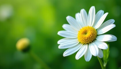 Fototapeta premium Fresh camomile flowers with dew drops on delicate white petals, dew drops, camomile
