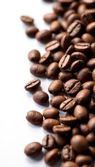 Fototapeta premium Fresh coffee beans arranged neatly on a clean white background, organic, coffee