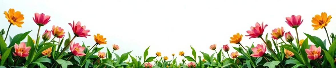 Fresh flowers blooming amongst lush green plants in a clean, white space,  floral,  botany
