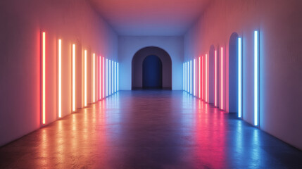 Neon lights illuminate futuristic hallway