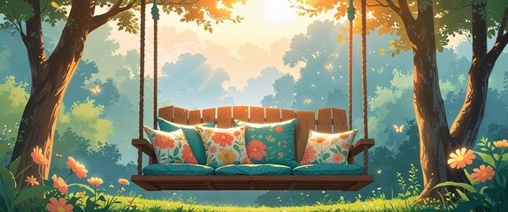 cartoon Backyard swing chair with floral cushions in soft morning glow anime illustration art design
