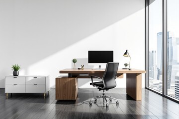 Contemporary office interior with a wooden desk, ergonomic chair, and city skyline view, illuminated by sunlight, on a white background. Ai generative