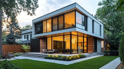 Fototapeta premium A sleek modern house with clean lines, large floor-to-ceiling windows, and a minimalist facade, perfect for highlighting contemporary architectural trends in articles or blogs. 