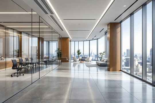 Stylish modern office interior with glass partitions, sleek furniture, and panoramic city views. Elegant architecture and contemporary design. Ai generative