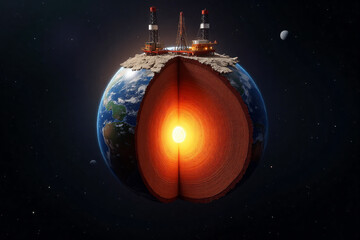 Earth interior with oil rigs extracting energy from the core  